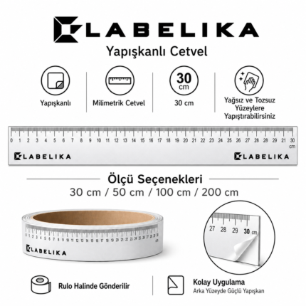 Kendinden Yapışkanlı Cetvel - Labelika Cetvel 30/50/100/200 cm Seçenekleri
